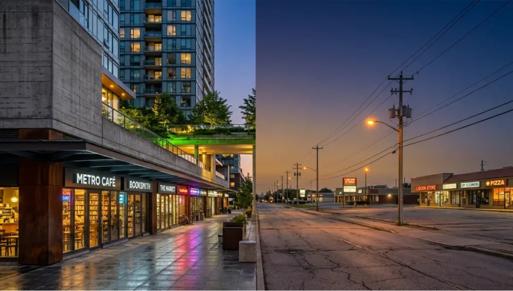 High density vs low density urban streetscape comparison at twilight — board-formed concrete mixed-use tower with activated retail podium adjacent to low-density suburban strip parking, 24mm tilt-shift architectural photography, transit-oriented development urban form analysis
