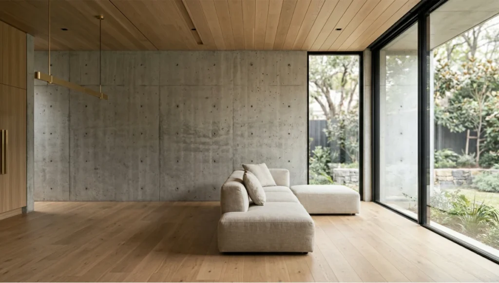 Ultra-realistic architectural interior showcasing material hierarchy with raw concrete wall, white oak surfaces, and brushed brass details, captured with a 24mm tilt-shift lens under diffused natural daylight, emphasizing texture, spatial composition, and contemporary minimalist design principles