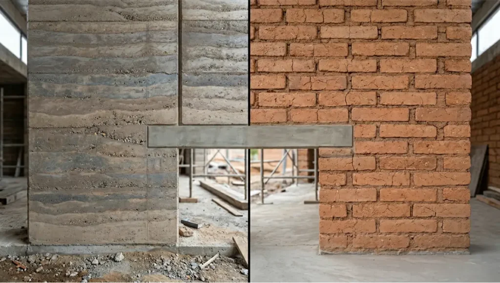 Architectural detail photograph showing a vertical seam between a 450mm cement-stabilized rammed earth wall with visible horizontal compaction lifts and a 300mm handmade adobe masonry wall with straw-fiber inclusions and earth mortar joints, intersected by a reinforced concrete bond beam at 1200mm height, demonstrating monolithic versus masonry earth construction methods for sustainable building design.