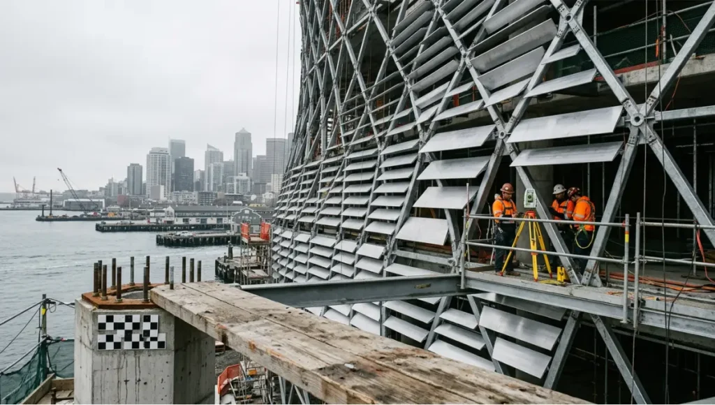 Parametric architecture design process in progress — CNC-pressed aluminium louvre panels being installed on a diagrid steel exoskeleton facade at a waterfront construction site, photographed with 24mm tilt-shift lens under diffused morning light, showing unique panel angle variation and robotic total station survey equipment