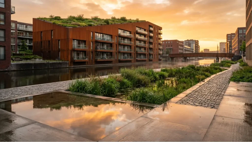Rotterdam sponge city water plaza with bioswale corridor, permeable concrete paving, and intensive green roof residential building at golden hour — urban flood-resilient infrastructure design.