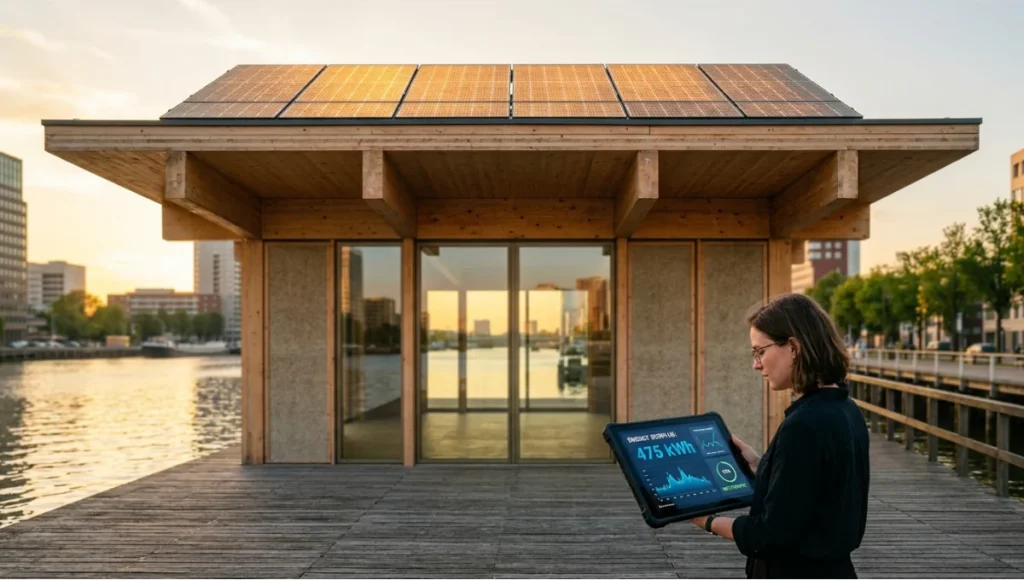 Net-positive CLT office pavilion with BIPV roof array and hempcrete facade, Rotterdam waterfront, golden hour architectural photography