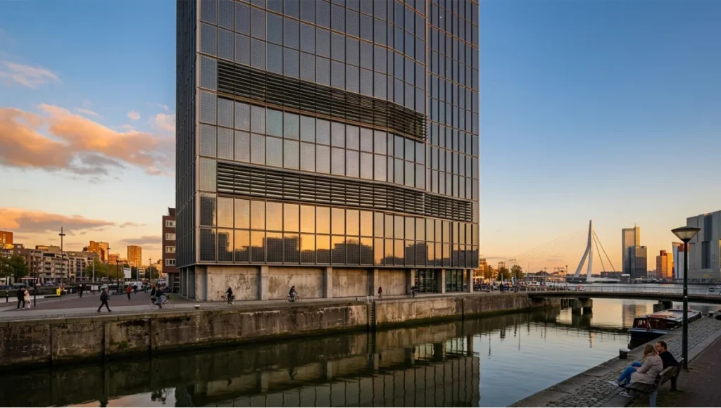 Building integrated photovoltaics facade on commercial tower in Rotterdam — bifacial c-Si curtain wall with PV-louver shading system at golden hour