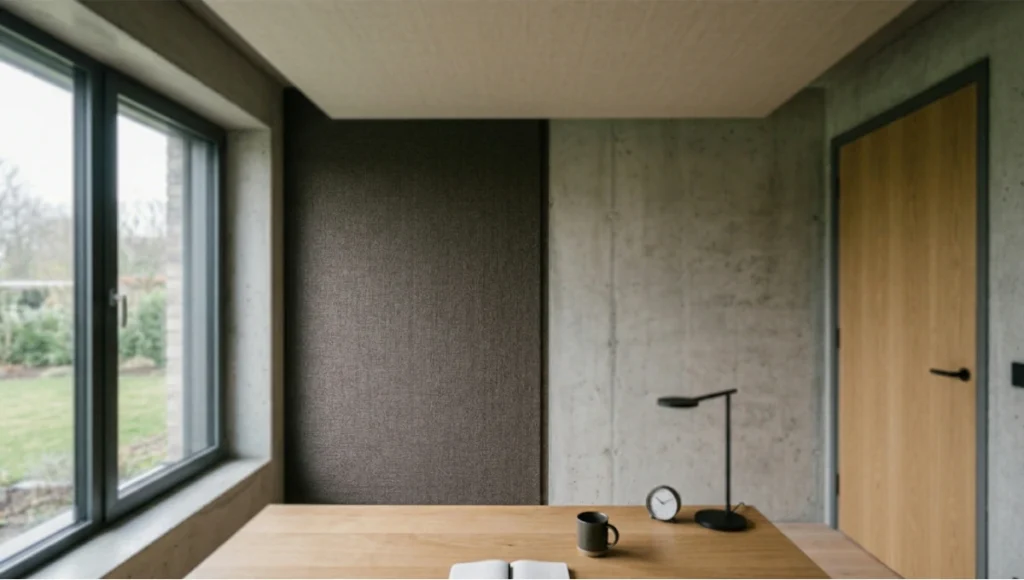 Minimalist home office with mineral wool acoustic wall panels and suspended ceiling cloud, architectural interior photography