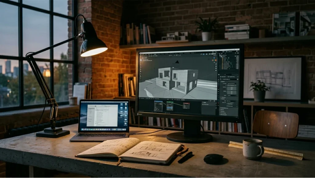 Architect's studio workspace with 3D modeling software open on monitor, showing free architectural visualization tools in professional use