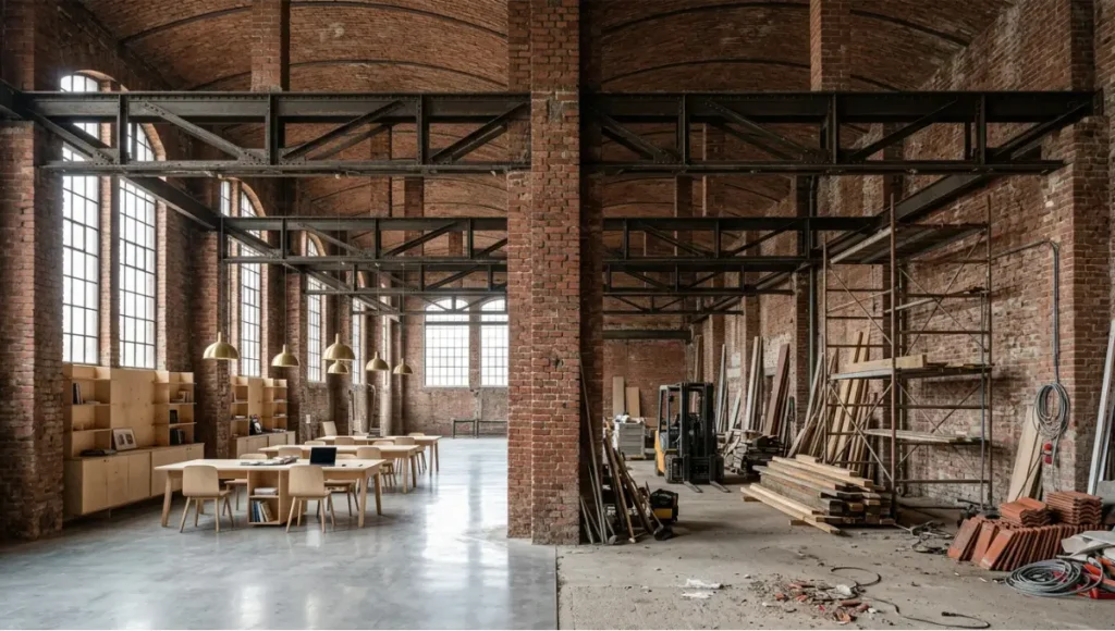 Adaptive reuse architecture interior showing original 1920s riveted steel trusses and brick piers alongside a converted co-working space with polished concrete floors and brass pendant lighting — industrial building transformation example