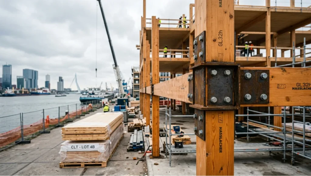 Glulam timber frame building under construction showing exposed bolted connections and CLT panel disassembly design in Rotterdam waterfront