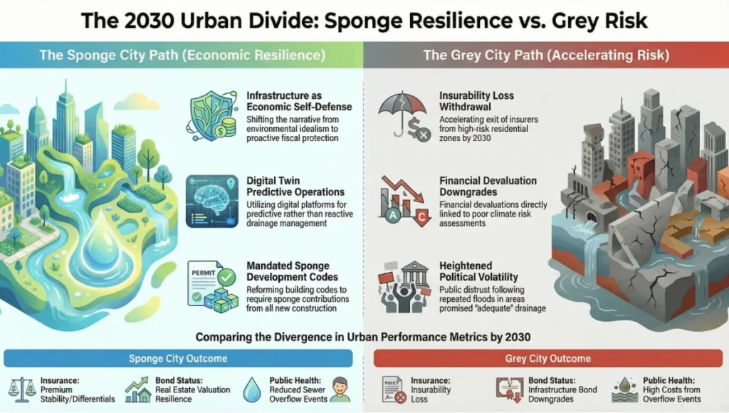 The 2030 Urban Divide: Sponge Resilience vs. Grey Risk