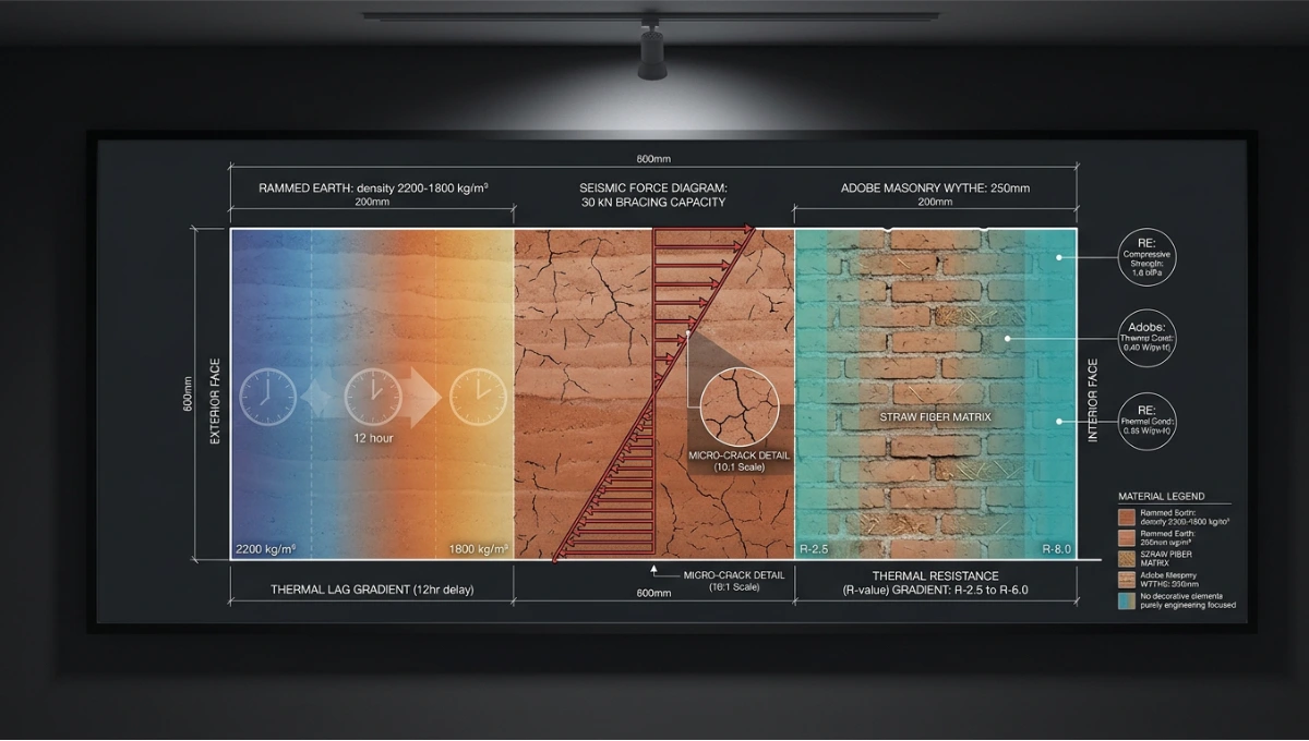 Rammed earth vs adobe walls — side-by-side technical specs on thermal mass, compressive strength, seismic resistance, and cost.
