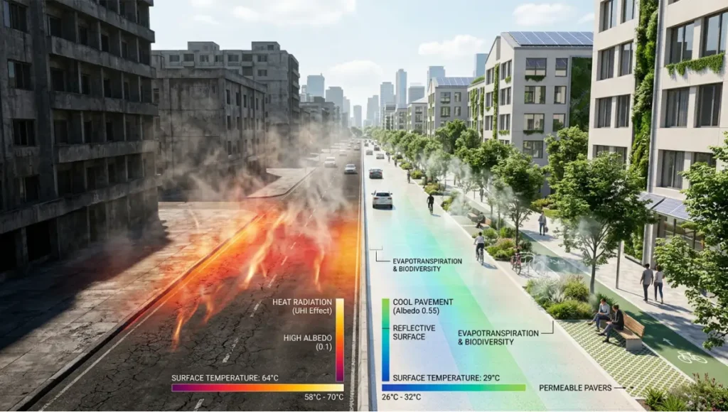 Cool pavement urban heat island data, materials, and thermal specs compared. Surface temps drop up to 13 °C. See the specs.