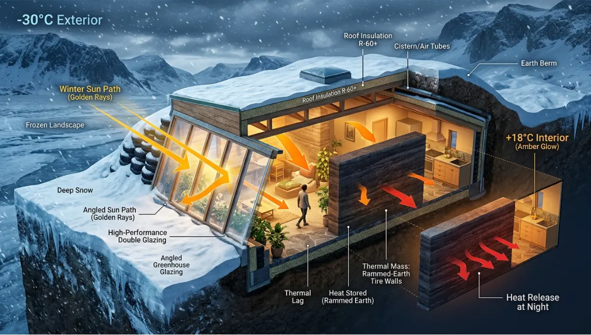 Earthship cold climate performance analyzed across real case studies. Thermal mass, passive solar & resilience data measured. See the specs.