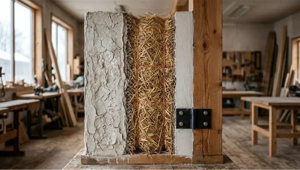 Ultra-realistic architectural photograph of 610 mm straw bale wall cross-section showing compressed wheat straw core at 100–150 kg/m³ density bound with polypropylene twine, rough lime plaster exterior finish, smooth interior plaster, and Douglas fir timber post connection, captured with 24mm tilt-shift lens under diffused overcast lighting with sharp focus on material textures and thermal assembly layers, straw bale construction detail, regenerative infrastructure materiality.