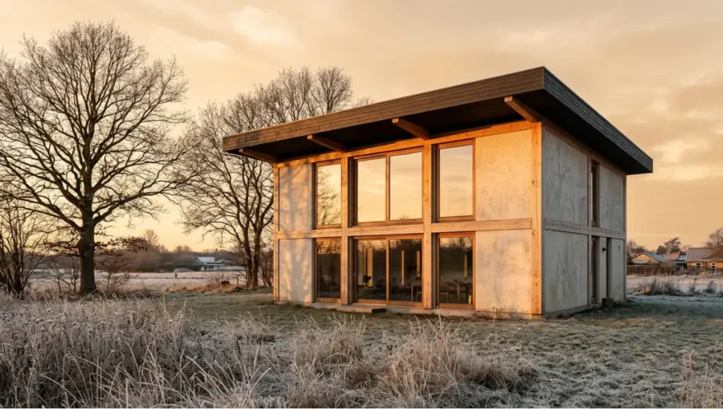Ultra-realistic architectural photograph of The Meridian Bale House by Nuvira Space, a 185 m² two-storey straw bale residence on Copenhagen peri-urban fringe featuring 610 mm lime-plastered wheat bale walls, exposed timber post-and-beam structure, triple-pane south-facing glazing, and 800 mm overhangs, captured at golden hour winter sun angle with 24mm tilt-shift lens, sharp focus on straw texture and timber joinery against Scandinavian meadow landscape, passive solar design, carbon-negative architecture.