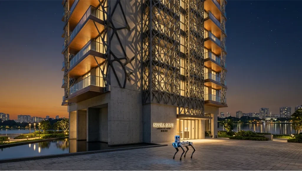 Nuvira Space concept rendering of The Meridian Stack, a 32-floor robotic prefab mixed-use tower in Singapore's Jurong Lake District, featuring Branch Technology C-FAB carbon-fiber lattice façade panels, board-formed concrete podium, and a Boston Dynamics Spot inspection robot at dusk