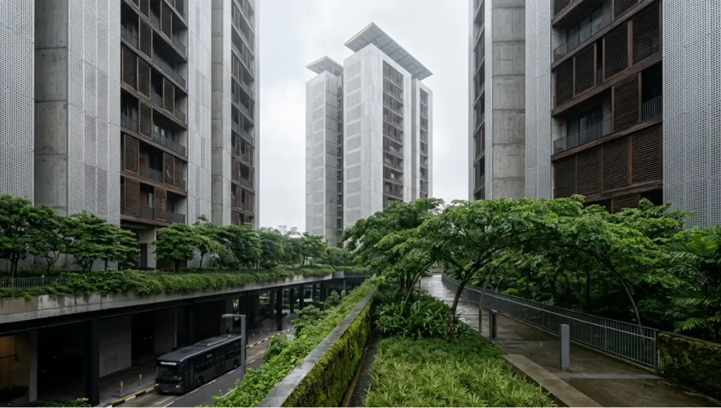 Nuvira Space Meridian Stack speculative concept — elevated green corridor and mixed-use residential towers with perforated aluminium rain-screen facade, ipe timber louvred balconies, and BRT transit podium integration, high-density urban growth architectural visualization, diffused tropical morning light