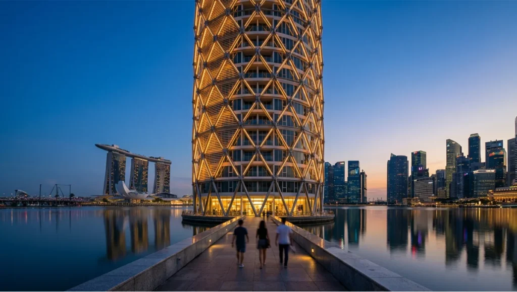 Lattice_Kota by Nuvira Space — speculative parametric architecture concept study of a 32-story diagrid exoskeleton tower on Singapore's Marina Bay waterfront at dusk, featuring 14,400 CNC-pressed aluminium louvres at variable angles and 680 unique welded steel nodes with amber LED illumination, reflecting in the bay water