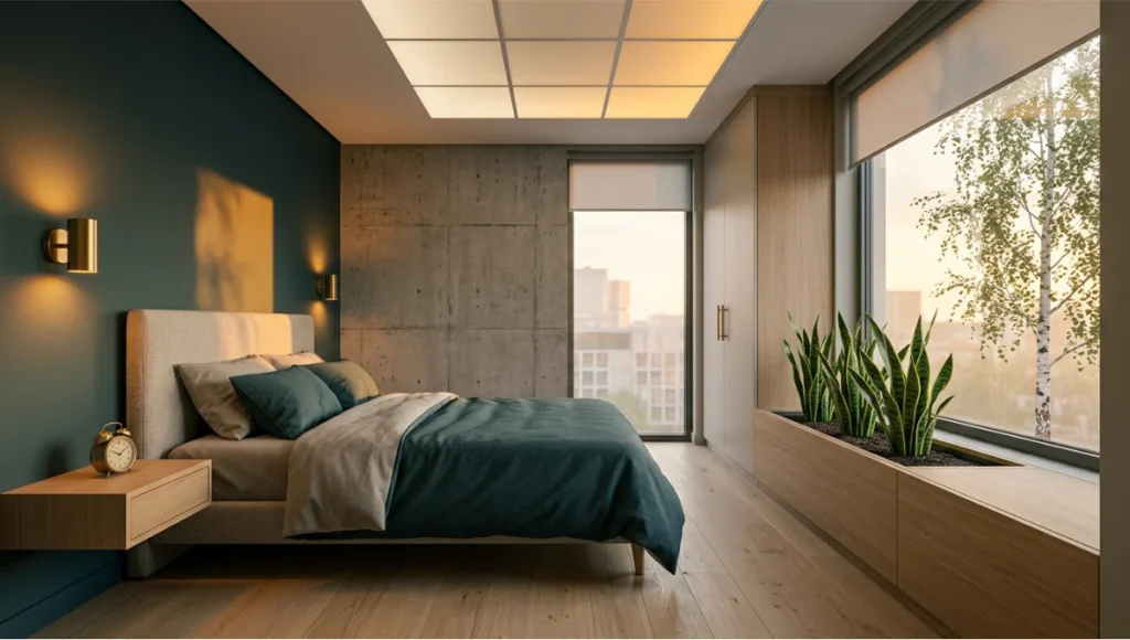 Nuvira Recovery Suite wellness bedroom design, modular master bedroom with circadian lighting system, oiled white oak flooring and linen headboard, raw concrete feature wall, triple-glazed acoustic windows, built-in planter with snake plants, Farrow and Ball Elephants Breath walls, floating nightstand with analog clock, spatial declutter ratio 0.05, biophilic interior design, Rotterdam modular architecture, low-VOC materials