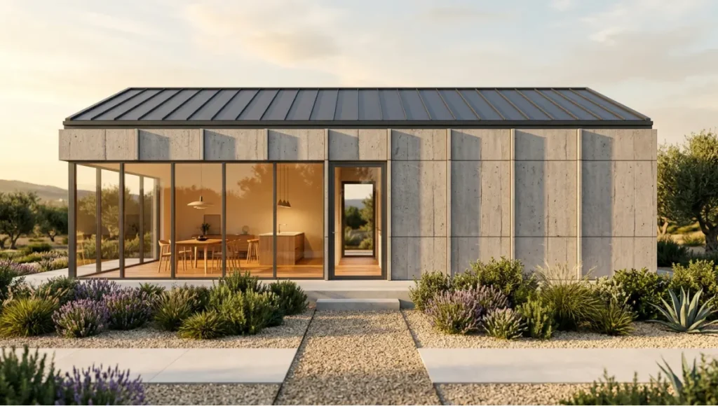 Modular residential architecture exterior rendered in free 3D modeling software, showing photorealistic facade study with Blender Cycles lighting