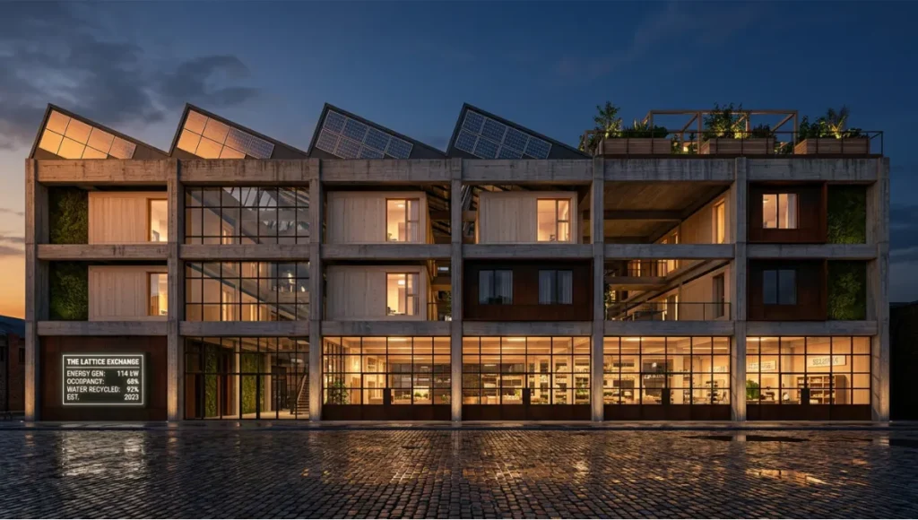 Nuvira Space Lattice Exchange concept project — adaptive reuse of a 1960s concrete postal sorting facility featuring bifacial rooftop solar panels, cross-laminated timber co-living insertions, ground-floor public market hall, and rooftop urban farm at golden hour dusk