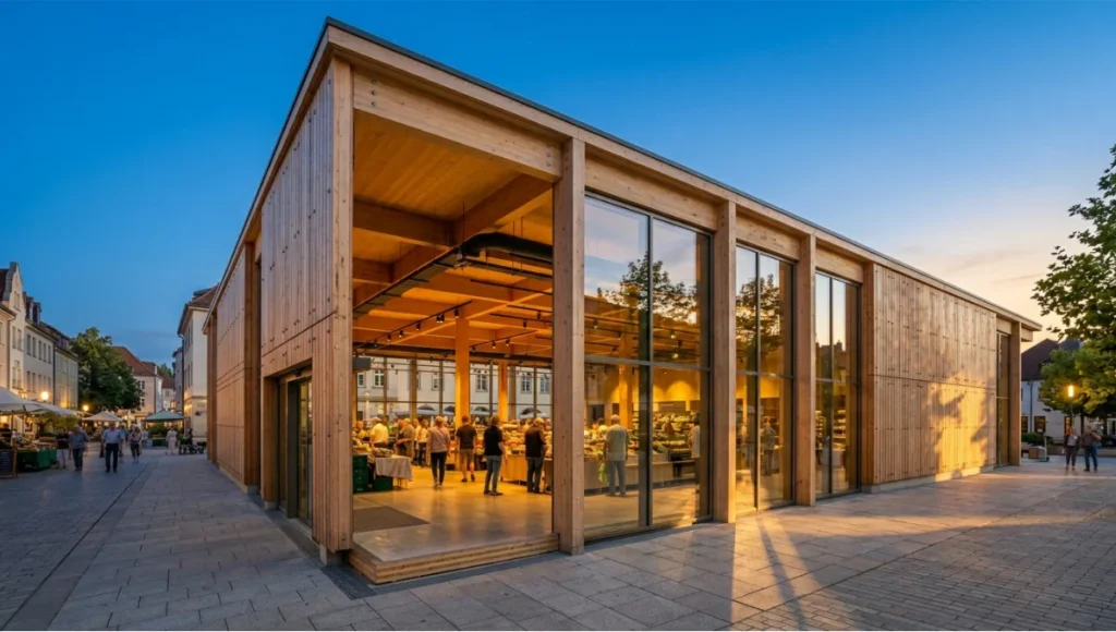 Deckline Pavilion concept study by Nuvira Space showing CLT civic pavilion with demountable timber cladding panels and exposed glulam structure