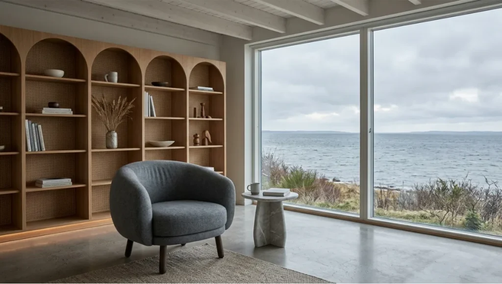 Vallø Resonance Dwelling by Nuvira Space — speculative concept interior with barrel-back lounge chair in wool flannel beside north-facing Baltic coast window, Gotland limestone side table, curved oak shelving wall, Køge Bay Denmark