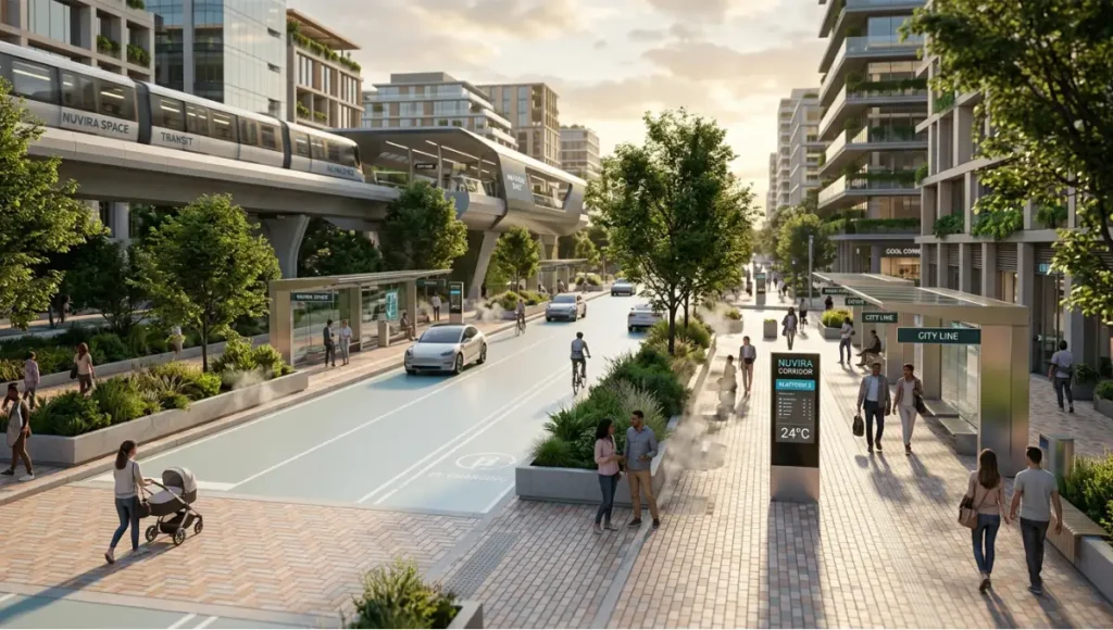Futuristic cool pavement urban corridor by Nuvira Space featuring reflective road surfaces, permeable ceramic paving, and climate-responsive architecture designed to reduce urban heat island effect