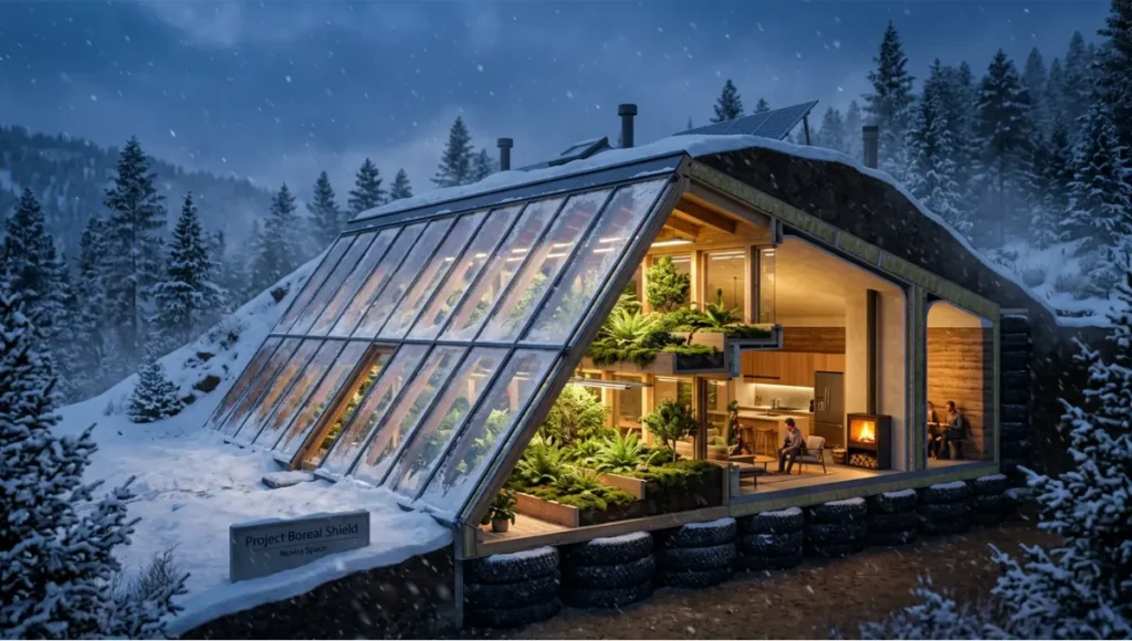 Project Boreal Shield by Nuvira Space cold-climate earthship design with greenhouse buffer system thermal mass walls and passive solar architecture in subarctic environment