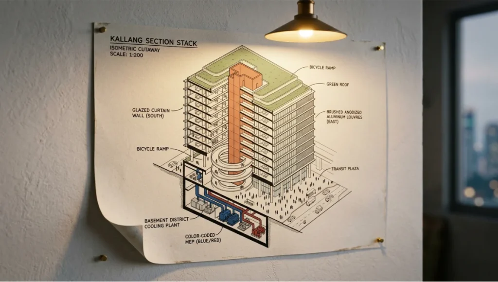 Isometric architecture illustration cutaway drawing of Kallang Section Stack by Nuvira Space, a 12-storey mixed-use transit-oriented tower in Singapore, showing district cooling basement, colour-coded MEP ductwork, green roof strata, bicycle ramp, and glazed curtain wall facade, printed on cartridge paper and pinned to a white wall under warm cinematic interior lighting