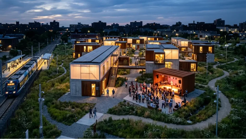 Switchboard modular pop-up activation district by Nuvira Space — demountable ISO module cluster on brownfield site with rooftop solar and bioswale corridors at dusk