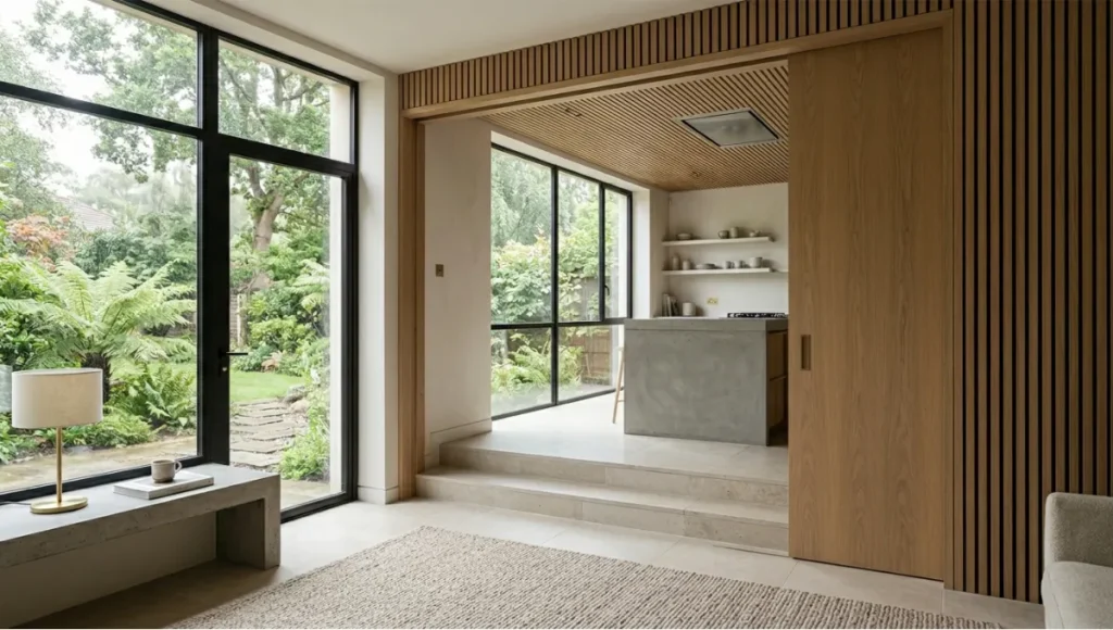 Nuvira Acoustic Bridge Kitchen concept — semi-open split-level layout with acoustic slat panels, concrete island, and deployable oak pocket door, warm modernist interior.