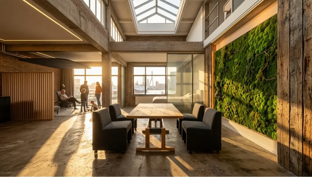 Interior architectural photograph of the Rotterdam Flex-Health Loft, a speculative 120m² multi-generational warehouse conversion by Nuvira Space featuring electrochromic glass partitions, a living moss biophilic anchor wall, hydraulic-lift oak dining table, modular seating on casters, PET felt acoustic ceiling clouds, reclaimed harbor timber cladding, and circadian LED lighting. Family of five interacting in a golden-hour lit multifunctional space with polished concrete floors and industrial skylight. Sustainable adaptive reuse architecture, neuro-architectural residential design, biophilic interior elements, flexible family housing.