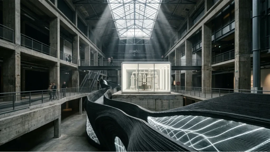 Nuvira Space NEURON-STAD project in Rotterdam featuring 3D printed recycled plastic walls with embedded fiber optic sensors for structural health monitoring and digital twin integration.