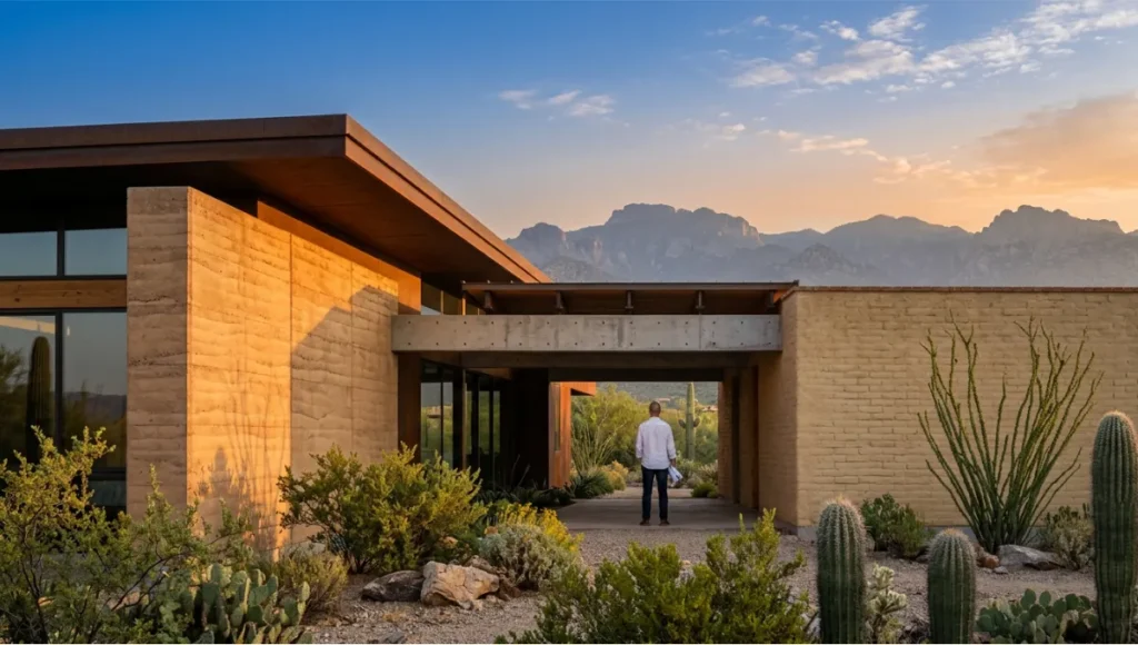 Exterior architectural photograph of the Nuvira Arid Threshold House eco-residence in Tucson Arizona, showing 350mm cement-stabilized rammed earth north facade with thermal mass heat absorption and 300mm low-density adobe south facade with straw fiber inclusions, connected by reinforced concrete bond beams at 1200mm intervals, with Sonoran desert vegetation and Santa Catalina Mountains in golden hour lighting, demonstrating hybrid passive solar earth construction.