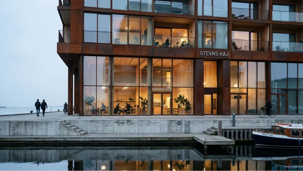 Contemporary waterfront architecture in Copenhagen-inspired Nordhavn style featuring weathering steel facade, cross-laminated timber interiors, and low-iron glass, captured with a 24mm tilt-shift lens under diffused overcast lighting, illustrating mixed-use residential design and material authenticity