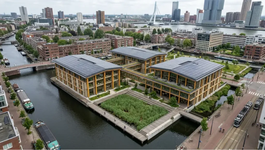 TERRA POSITIVE CAMPUS speculative concept by Nuvira Space — 18,000 m² CLT research pavilions with BIPV roof and constructed wetland, Rotterdam