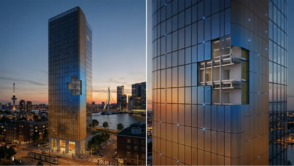 Facade Zero concept project by Nuvira Space — building integrated photovoltaics facade with differentiated BIPV module strategy, Rotterdam, Netherlands