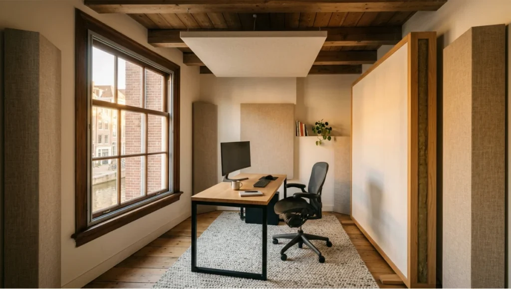 Meridian Office Pod concept by Nuvira Space — acoustic insulation home office with freestanding mineral wool partition and ceiling cloud, Amsterdam row-house interior