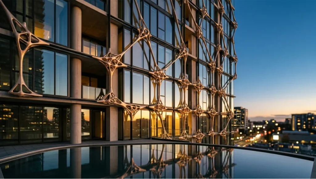 Nuvira Space concept residential tower exterior at golden hour featuring a curtain wall system with 640 topology-optimized cast aluminum structural nodes in biomimetic branching geometry, each node achieving 19 percent cost reduction over conventional assemblies through generative design optimization, photographed with 35mm lens against a deep cerulean dusk sky with courtyard pool reflection in foreground