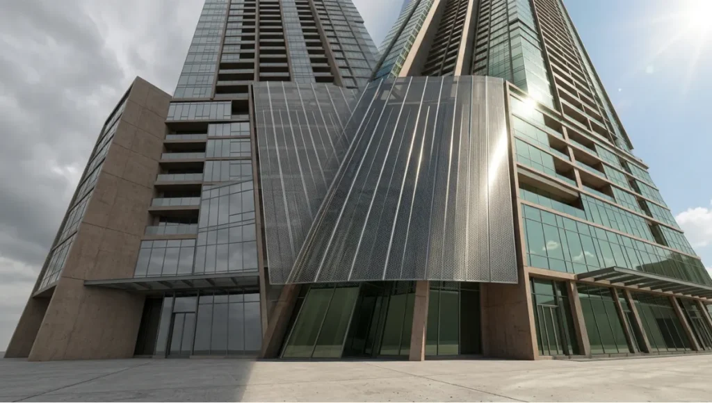 Nuvira Space Meridian Veil architectural visualization — 42-floor mixed-use tower at Tanjong Pagar Singapore rendered with physically based PBR shader stack showing facade material performance under contrasting monsoon diffuse and equatorial noon specular lighting conditions, featuring board-formed concrete, perforated anodized aluminum screen, and high-transmission low-E glazing, ACES color-graded photorealistic architectural render