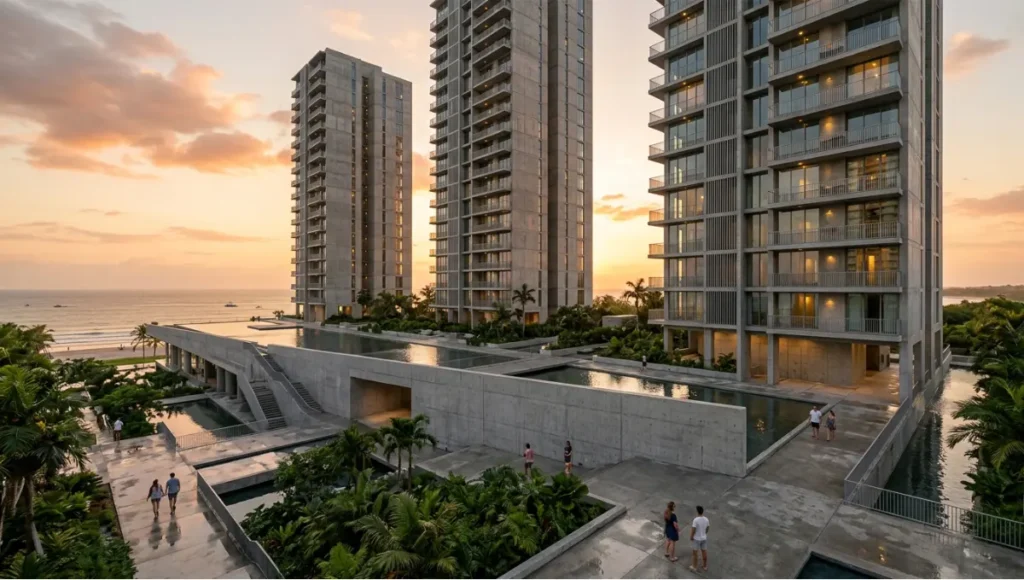 Futuristic coastal mixed-use architecture by Nuvira Space featuring self-healing concrete structure, exposed monolithic concrete podium and residential towers designed with flood-resilient systems and seamless material continuity