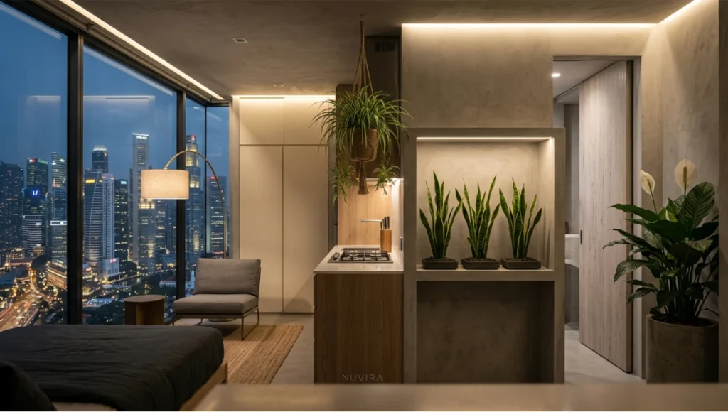 Project AirCell by Nuvira Space — speculative micro-apartment interior in Singapore featuring three Snake Plants in volcanic stone trays for nocturnal CO₂ management, ceiling-hung Spider Plant above gas cooktop for NOx absorption, and Peace Lily in raw concrete planter, demonstrating zone-specific indoor plant air quality strategy in a 28 m² high-density residential typology with circadian LED lighting and full-height urban glazing.