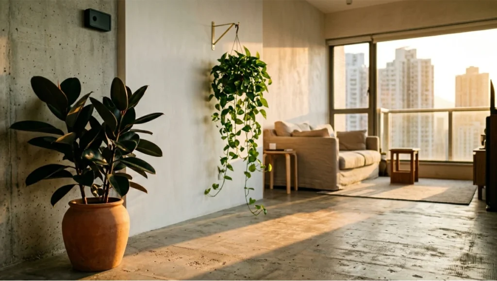 Indoor plants improving air quality in a compact apartment — mature Ficus elastica and trailing Pothos on brushed-brass bracket in a raw concrete living space with south-east facing window, demonstrating phytoremediation placement strategy for VOC reduction in residential interiors.