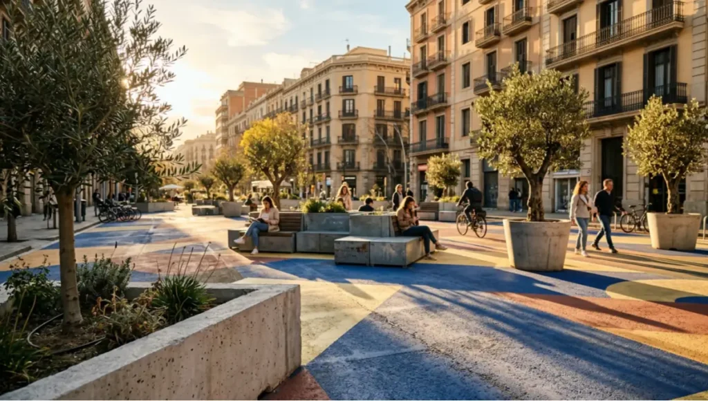 Tactical urbanism street plaza transformation with painted asphalt geometry, modular seating, and potted trees in a Barcelona-style superblock neighborhood project at golden hour — pedestrian-first urban design intervention