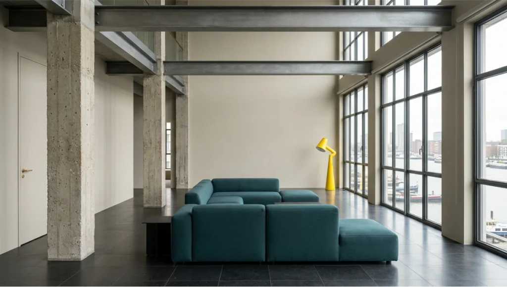 60-30-10 color theory interior design applied in a Rotterdam waterfront industrial residential conversion — warm greige dominant walls at LRV 62, deep sea-teal upholstery at 30%, chrome-yellow accent lamp at 10% — photographed with 24mm tilt-shift lens under diffused north daylight, demonstrating LRV contrast management and color harmony in open-plan architectural space.