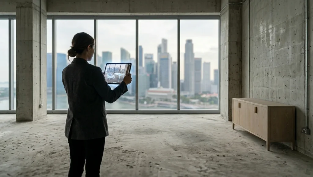 Interior designer using an AR tool on an iPad Pro to visualize furniture placement in a raw concrete commercial space in Singapore, demonstrating augmented reality interior design workflow with 24mm tilt-shift photography and diffused overcast lighting.