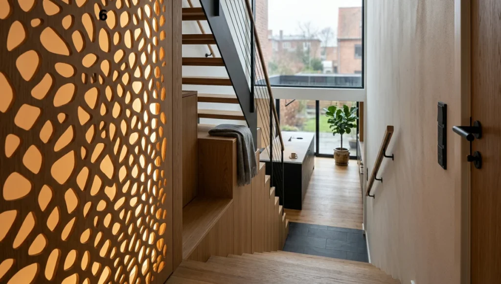 Partial-open staircase with perforated oak acoustic screen in Copenhagen townhouse, featuring circadian amber LED lighting, wire-brushed Danish oak, and parallel kitchen island with integrated appliances — Nuvira Space Project Kronborg open concept townhouse design.