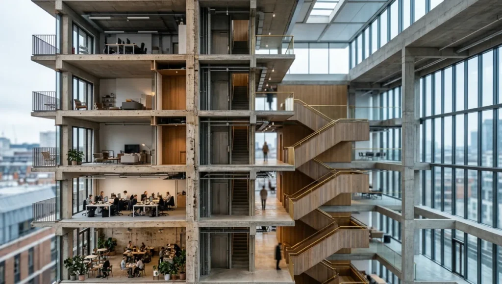Cross-sectional architectural photography of a multi-storey concrete building interior, revealing stacked floor plates, full-height glazing, and board-formed concrete structural walls illuminated by diffused natural light — demonstrating how section perspective drawings in architecture communicate spatial depth and material quality simultaneously.