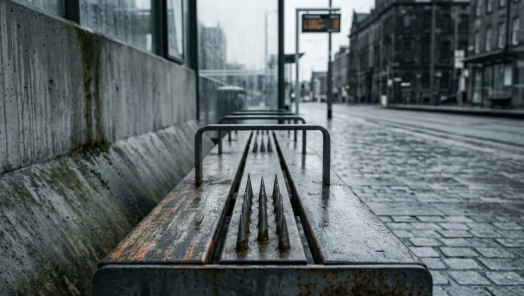 Anti-homeless bench spikes installed on public transit seating in a European city — a primary example of hostile architecture in urban design, photographed with forensic 24mm tilt-shift architectural detail showing armrest divisions, anti-sit slopes, and raw steel patina.