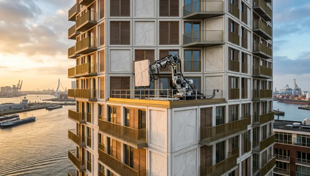 Architectural photography of The Carbonite District, a 12-storey carbon-negative mixed-use precinct in Rotterdam Harbour by Nuvira Space, featuring prefabricated enzymatic structural material (ESM) wall panels with crystalline calcium carbonate veining, robotic assembly systems, synthetic limestone aggregate slabs, and CO₂-cured precast connectors, photographed at golden hour with tilt-shift lens correction.