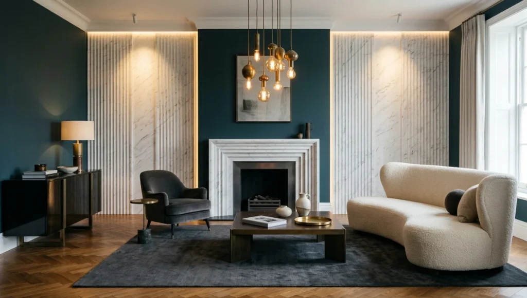 Neo deco interior design 2026 living room with fluted marble panels, herringbone oak parquet, aged brass pendants, and deep teal walls — layered cinematic lighting illustrating material contrast and circadian lighting principles